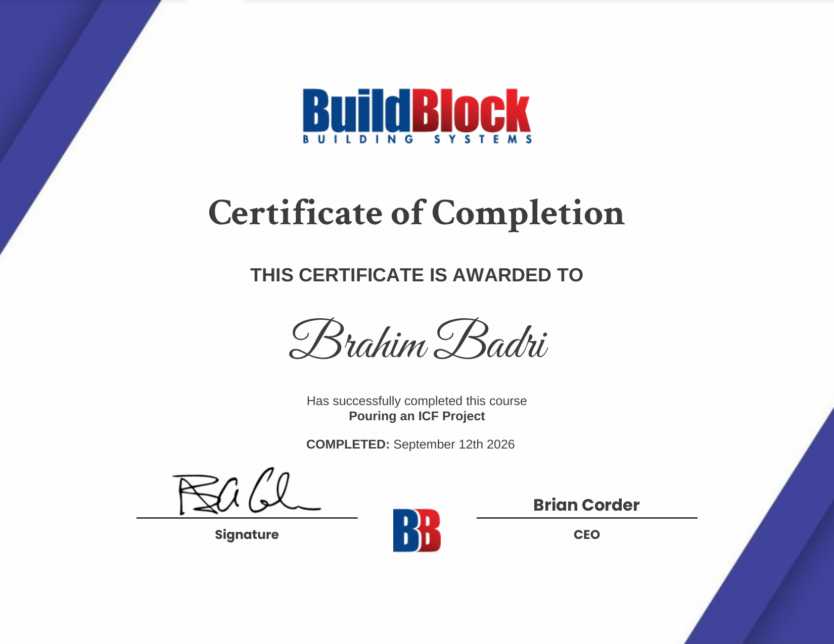 Certificat ICF — Brahim Badri