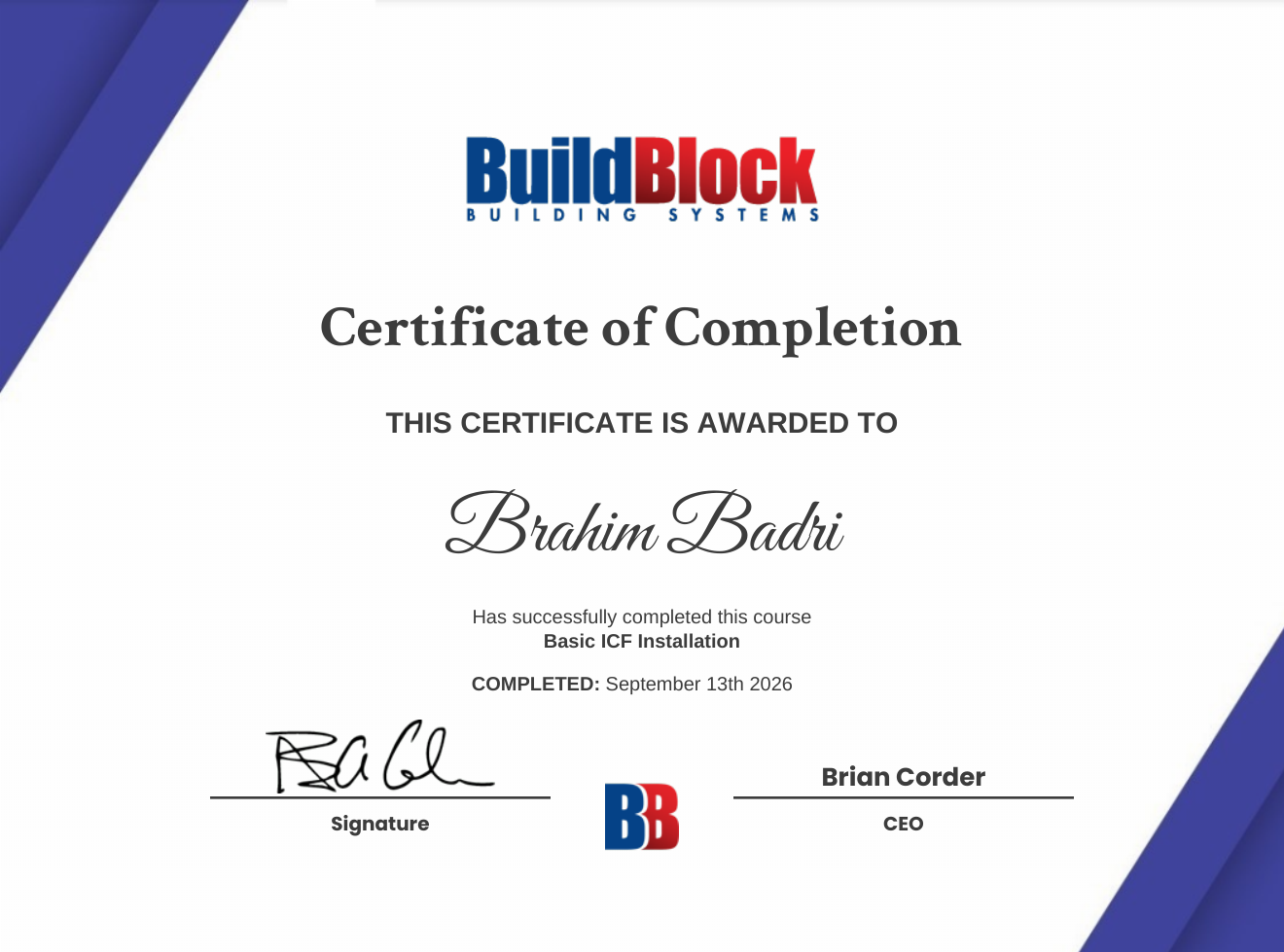 Certificat ICF — Installation de Base