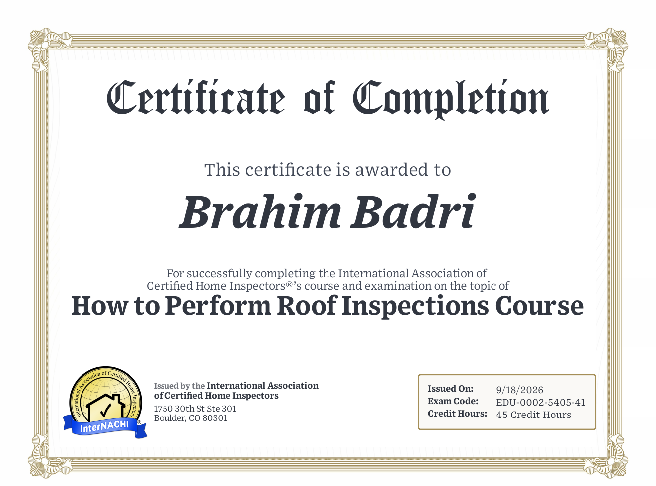 Certificat InterNACHI — Inspection Toiture