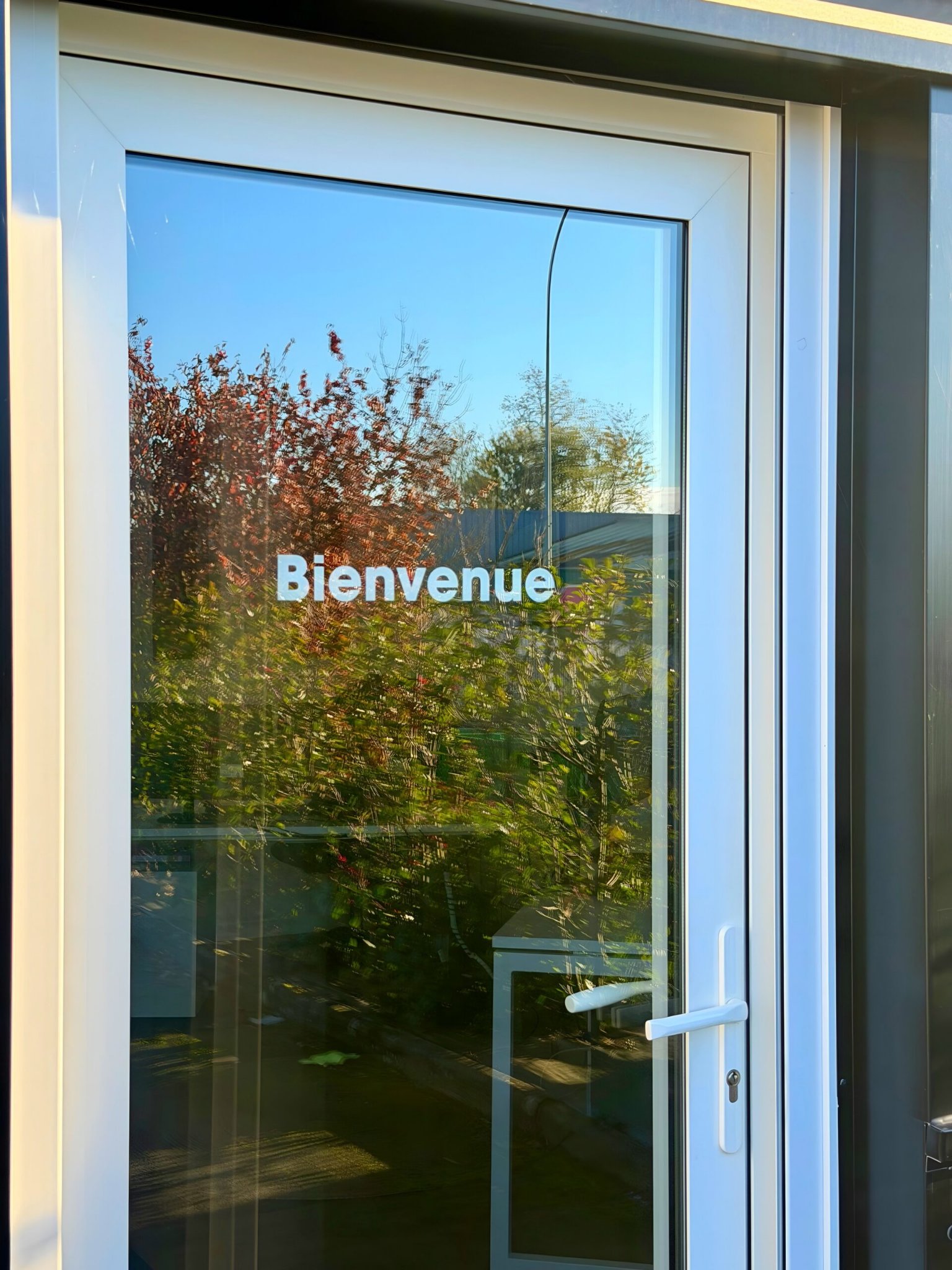 Porte vitrée blanche installée avec vue sur le jardin